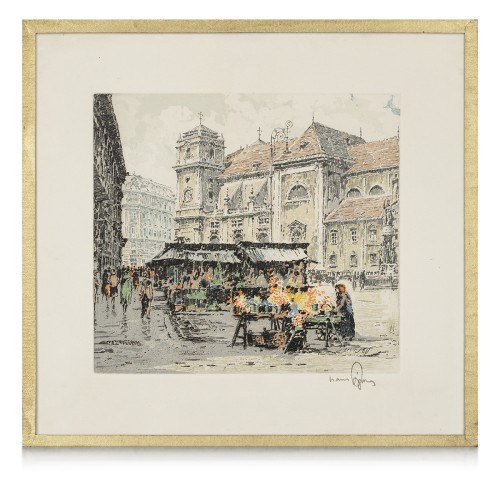 Hans Figura (1898-1978) "Wiedeń. Altwiener Markt"  akwaforta, akwatinta